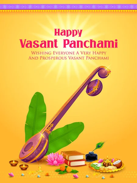 Godin van Wijsheid Saraswati voor Vasant Panchami India festival achtergrond — Stockvector