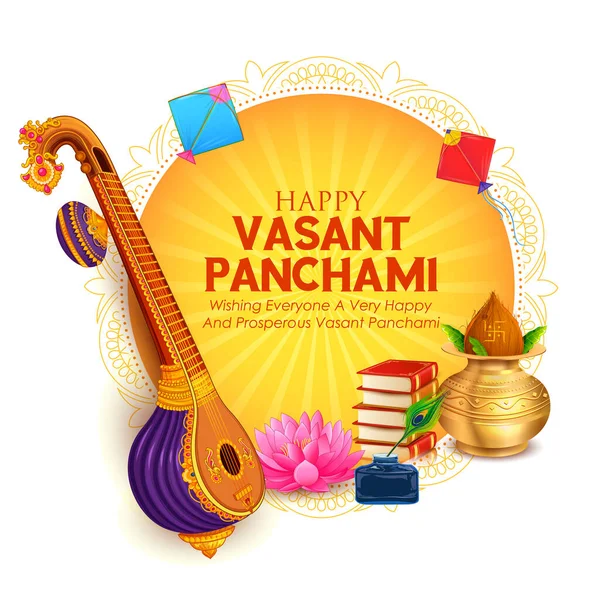 Vasant Panchami Hindistan festivali için Bilgelik Tanrıçası Saraswati — Stok Vektör