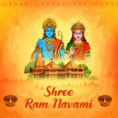 Hintçe yazılmış yay okuyla Tanrı Rama, Hindistan dini bayramı için Shree Ram Navami 'nin kutlama geçmişi anlamına geliyor.