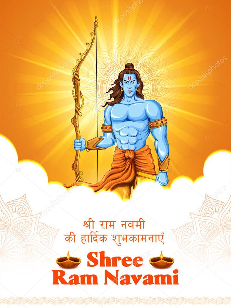 Lord Rama with bow arrow with Hindi text meaning Shree Ram Navami celebration background for religious holiday of India