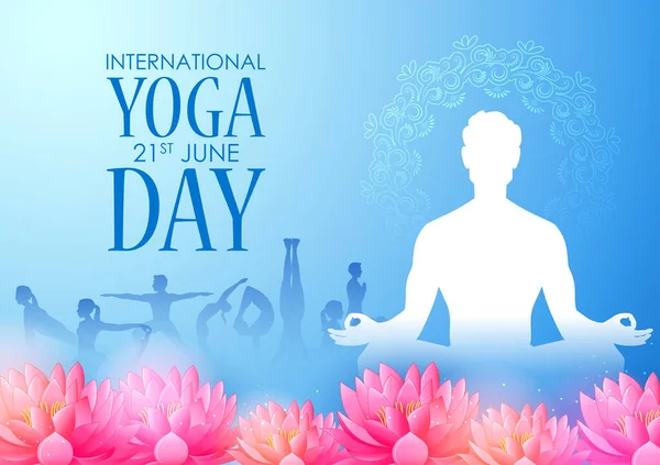 Personer som tränar asana och meditation inför Internationella Yogadagen den 21 juni — Stock vektor