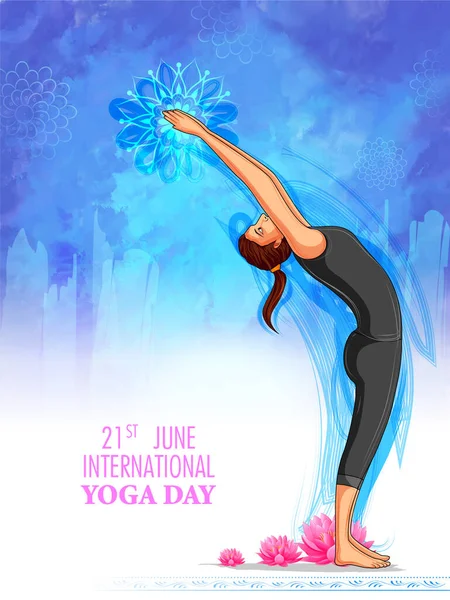 Personas haciendo asana y práctica de meditación para el Día Internacional del Yoga el 21 de junio — Archivo Imágenes Vectoriales