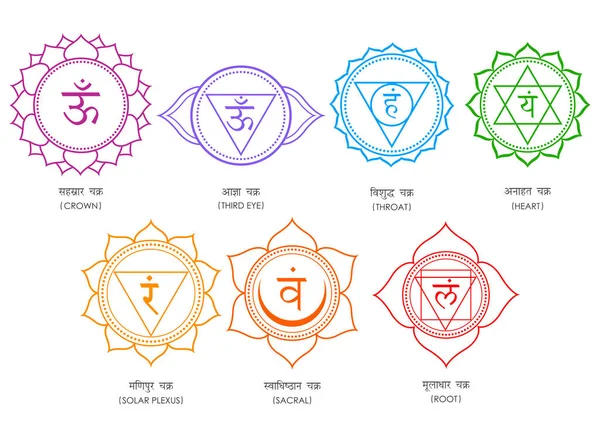 Tantra Sapta Chakra significa sette ruota di meditazione vari punti focali utilizzati in una varietà di antiche pratiche di meditazione — Vettoriale Stock