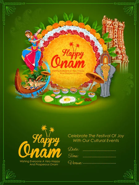 Güney Hindistan Kerala Mutlu Onam Festivali için kutlama arkaplanı — Stok Vektör