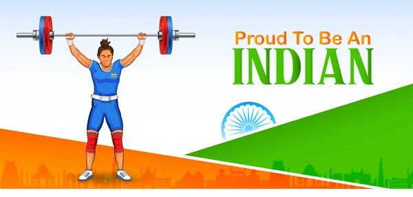 Indian sportsperson weightlifter in women category victory in championship on tricolor India background — Stock Vector