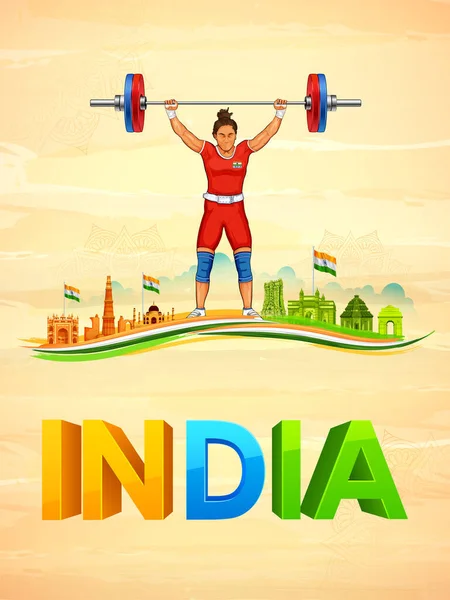 Indiase sportman gewichtheffer in vrouwen categorie overwinning in kampioenschap op tricolor India achtergrond — Stockvector