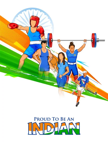 Indian sportsperson from different field victory in championship on tricolor India background — Stock Vector