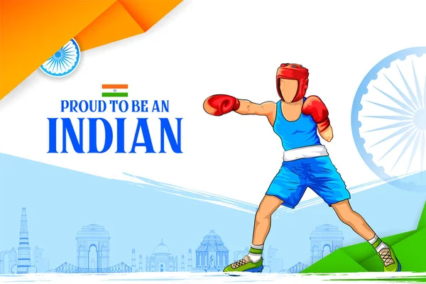 Indian sportsperson Welterweight Boxing in women category victory in championship on tricolor India background — Stock Vector