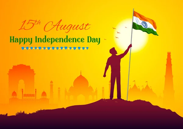 Abstracte tricolor banner met de man die de Indiase vlag vasthoudt voor 15 augustus Happy Independence Day of India — Stockvector