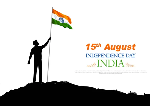 Abstrakcyjny trójkolorowy sztandar z człowiekiem trzymającym indyjską flagę na 15 sierpnia Happy Independence Day of India — Wektor stockowy