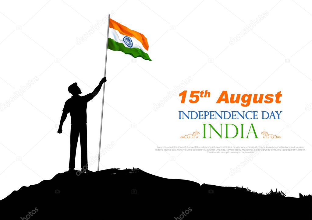 abstract tricolor banner with man holding Indian flag for 15th August Happy Independence Day of India