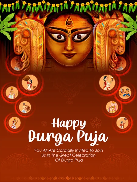 Deusa Durga Face em feliz Durga Puja Subh Navratri indiano banner cabeçalho religioso fundo —  Vetores de Stock