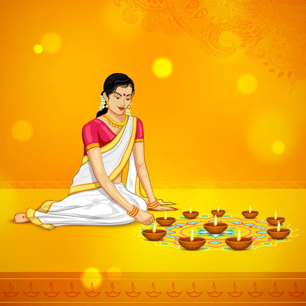 Woman burning diya for Indian festival Diwali — Stock Vector