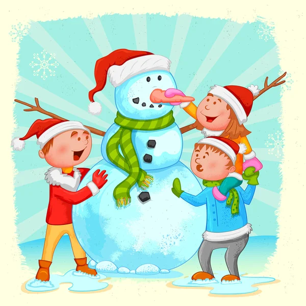Děti, budování sněhulák vánoční — Stockový vektor