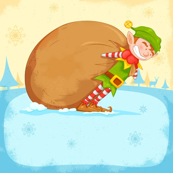 Elf dragging sack full of Christmas gifts — Stock Vector