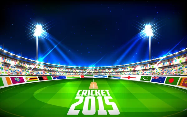 Stade de cricket montrant les drapeaux des pays participants — Image vectorielle
