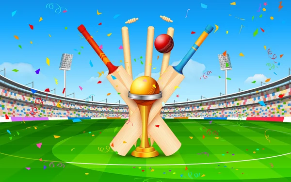 Stadion voor cricket met vleermuis, bal en trofee — Stockvector