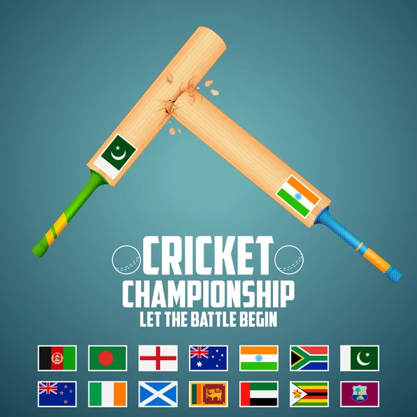 Bate de críquet de diferentes países participantes — Vector de stock