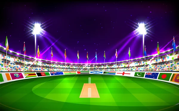 Stade de cricket montrant les drapeaux des pays participants — Image vectorielle