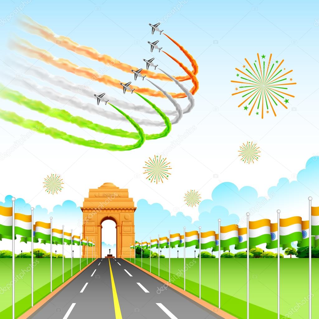 Airplane making Indian tricolor flag around India Gate