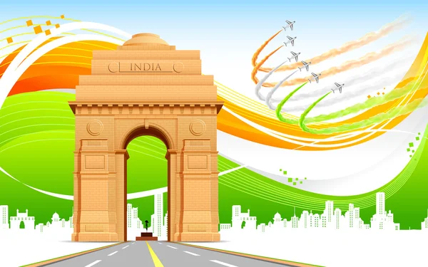 Puerta de la India sobre fondo tricolor — Vector de stock