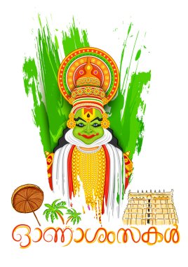 Kathakali dancer face with message Happy Onam clipart