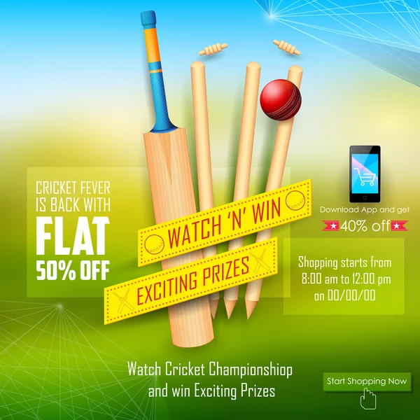 Vendita e promozione banner per la stagione del cricket — Vettoriale Stock