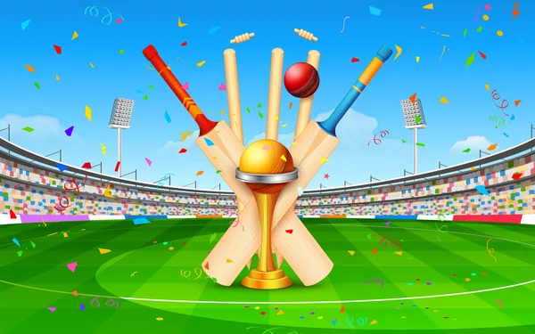 Estadio de cricket con bate, pelota y trofeo — Vector de stock
