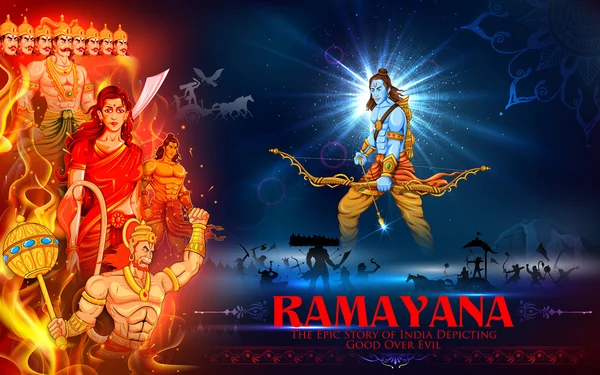 Lord rama, sita, laxmana, hanuman und ravana in dussehra poster — Stockvektor