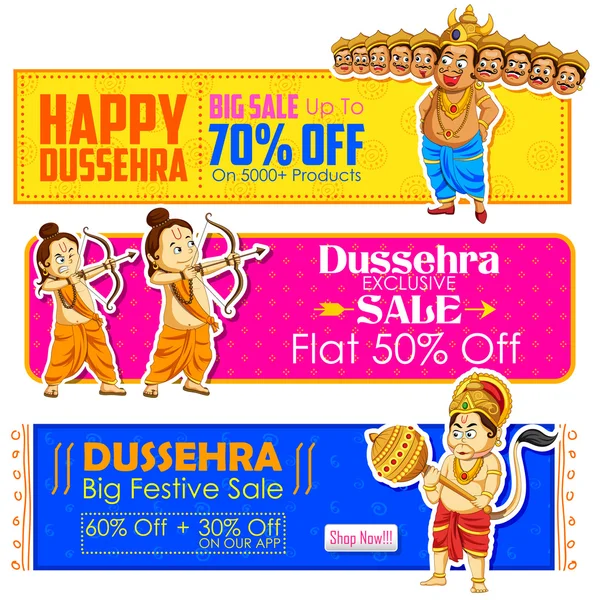 Happy Dussehra banner con Rama, Laxmana, Hanuman y Ravana — Vector de stock