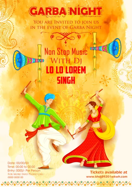 Paar spielt Dandiya in Disco Garba Nacht Plakat — Stockvektor