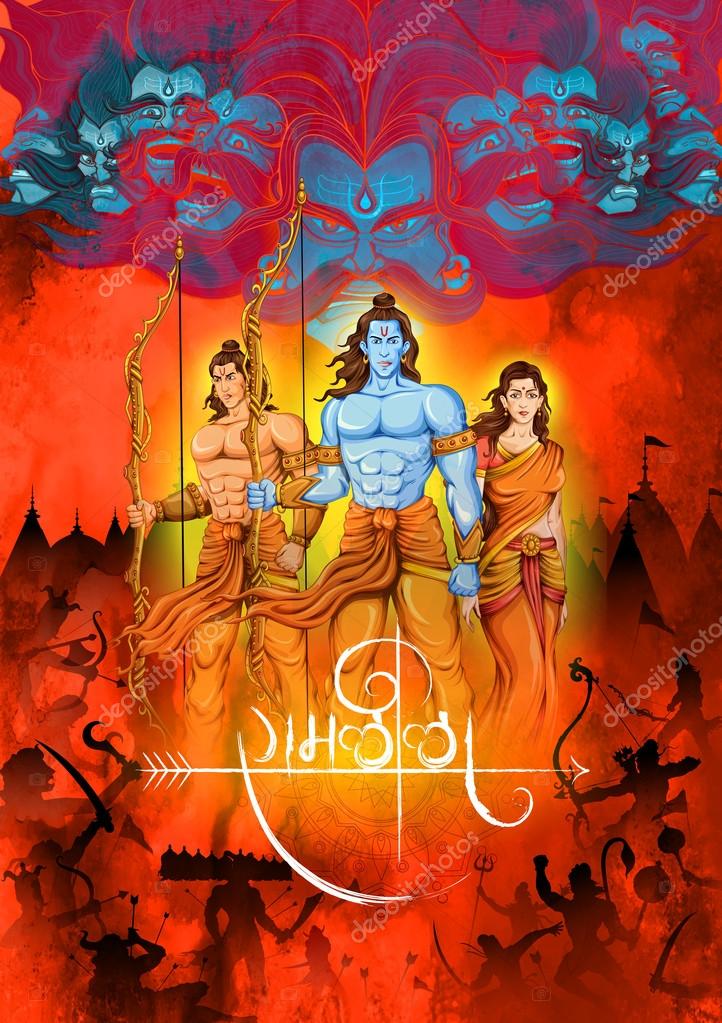 Lord Rama, Sita, Laxmana, Hanuman and Ravana in Dussehra poster Stock  Vector Image by ©vectomart #86209618