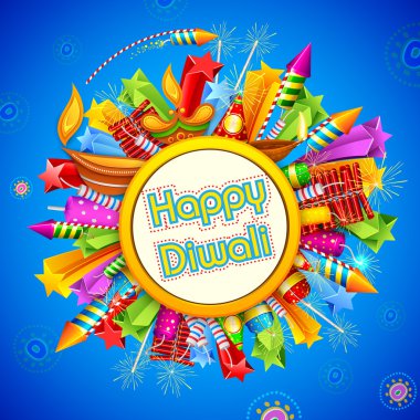 Happy Diwali background with diya and firecracker clipart
