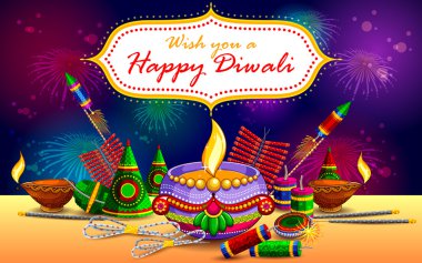 Happy Diwali background with diya and firecracker clipart