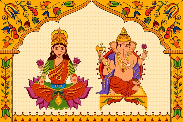 Godin Lakshmi en Lord Ganesha op Gelukkige Diwali achtergrond — Stockvector