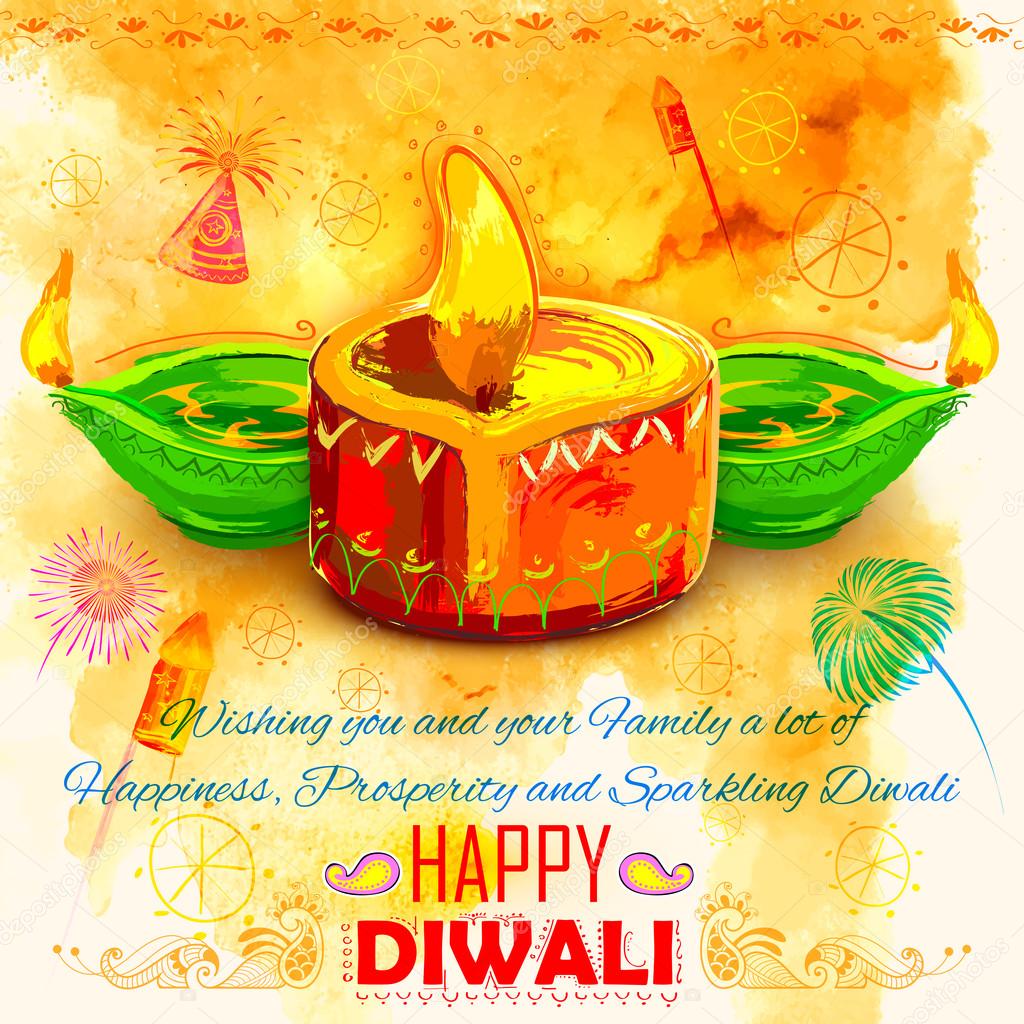Happy Diwali background coloful with watercolor diya