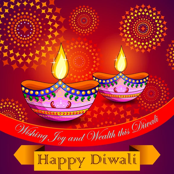Feliz fundo Diwali com diya e fogo de artifício — Vetor de Stock
