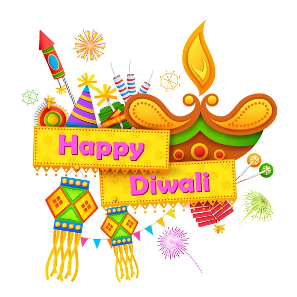 Fondo Diwali feliz con diya y petardo — Vector de stock