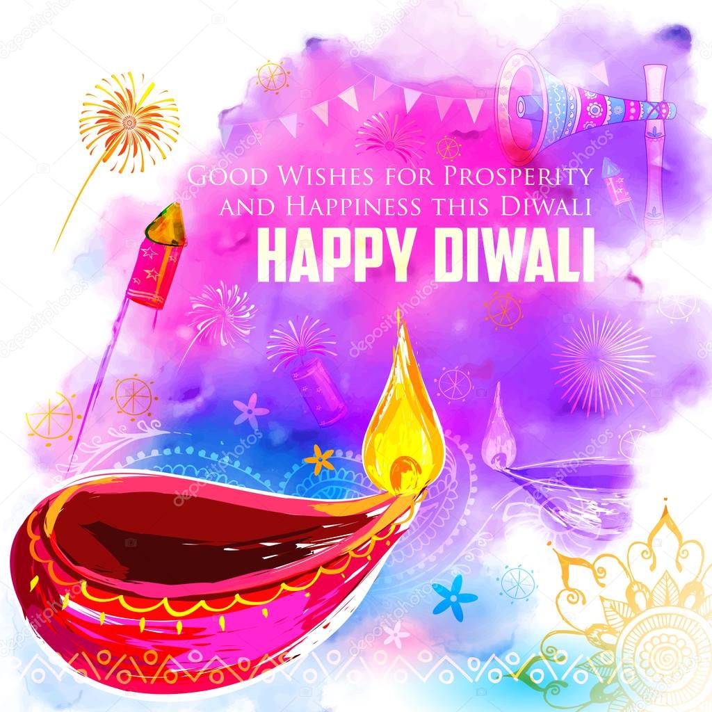 Happy Diwali background coloful with watercolor diya