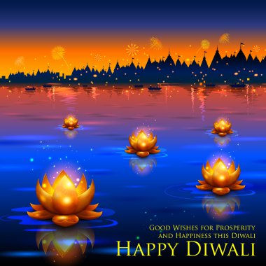 Diya Diwali arka planda Nehri üzerinde yüzen altın lotus şeklinde