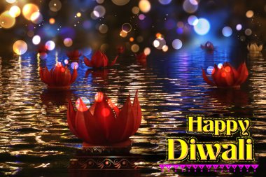 Diya Diwali arka planda Nehri üzerinde yüzen altın lotus şeklinde