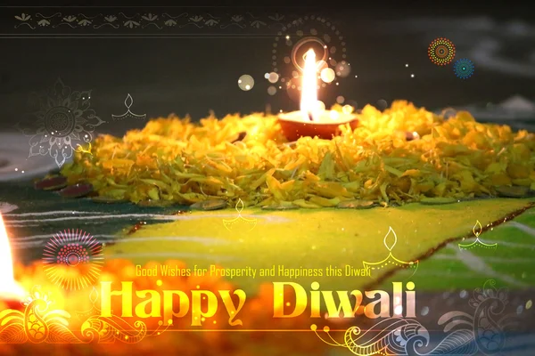 Diwali diya auf Blume rangoli — Stockfoto
