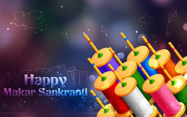 Makar Sankranti วอลล์เปเปอร์ที่มีสีสันว่าวสตูลสตริง — ภาพเวกเตอร์สต็อก