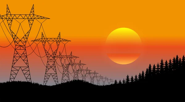 Lijnen van elektriciteit transfers een avond landschap — Stockvector