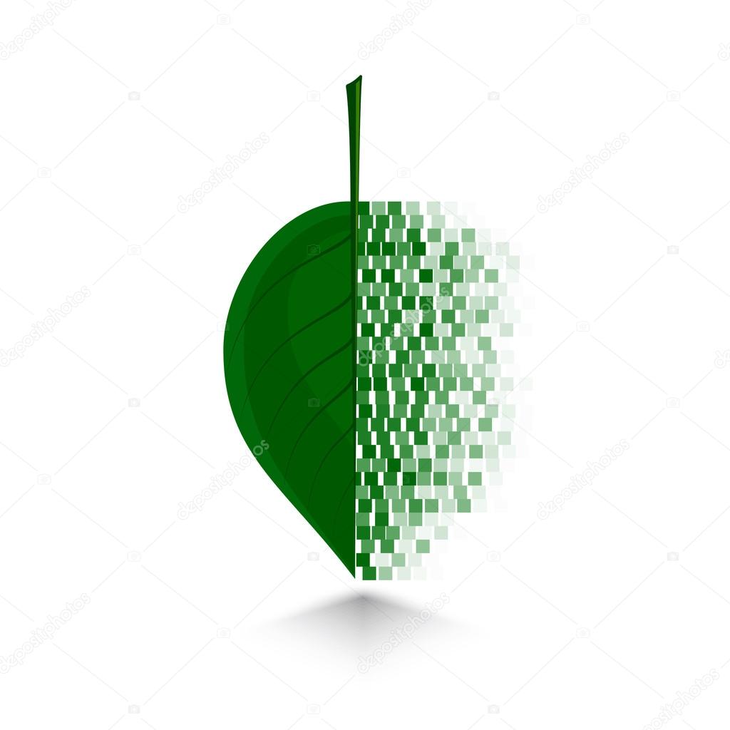 On the image is presented pixel art design crumbling green leaf logo