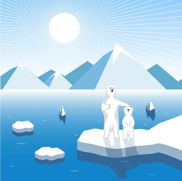 Arctic bear-cub with a female bear on a block of ice, artistic illustration — Stock Vector