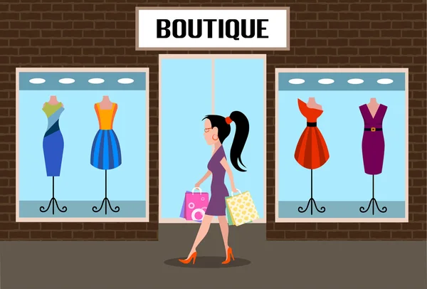 Chica logrando compras estilo plano — Vector de stock