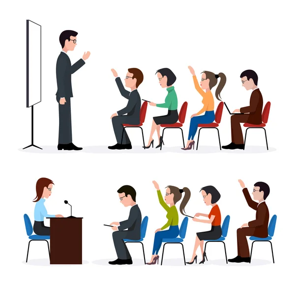 Speaking to the audience.A group of students. A training seminar — Stock Vector