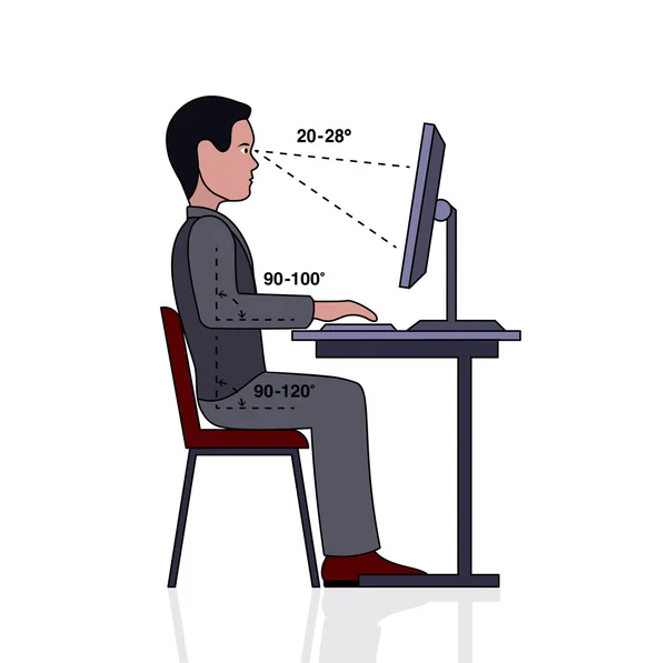 Infographie posture correcte à la silhouette informatique d'un homme à une table sur un fond blanc — Image vectorielle