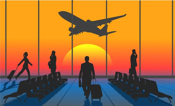 Silhouet mensen in een luchthaven — Stockvector